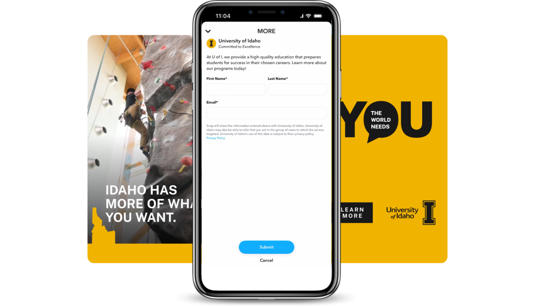 University of Idaho UOI native lead form ads on Snapchat