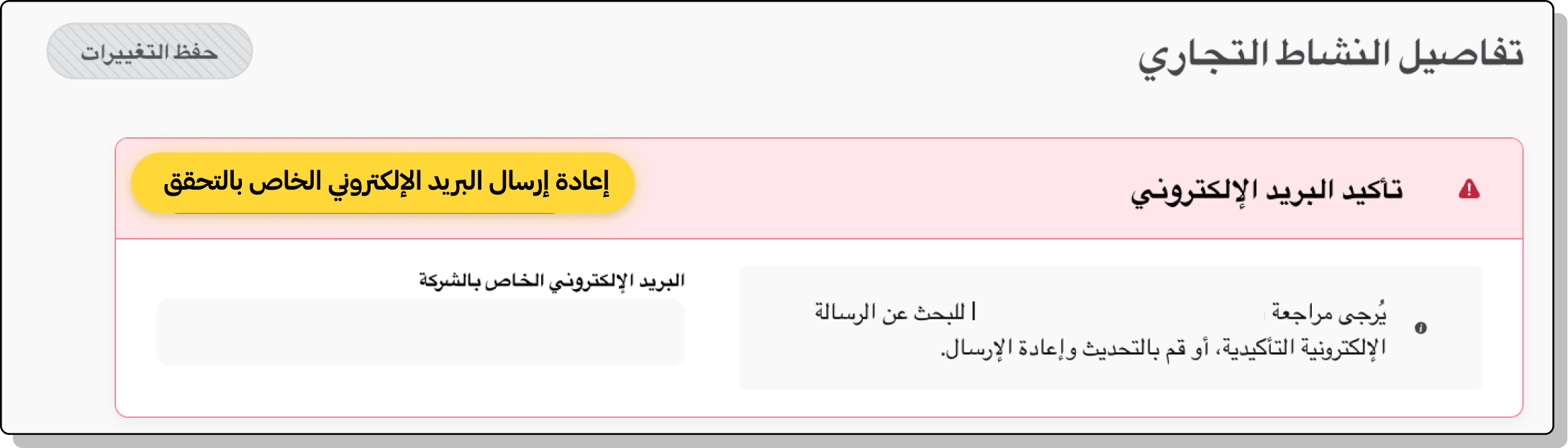 Screenshot of resending verification email under Business Details