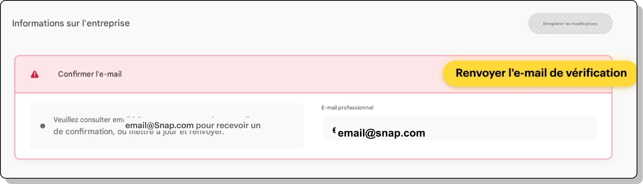 Screenshot of resending verification email under Business Details