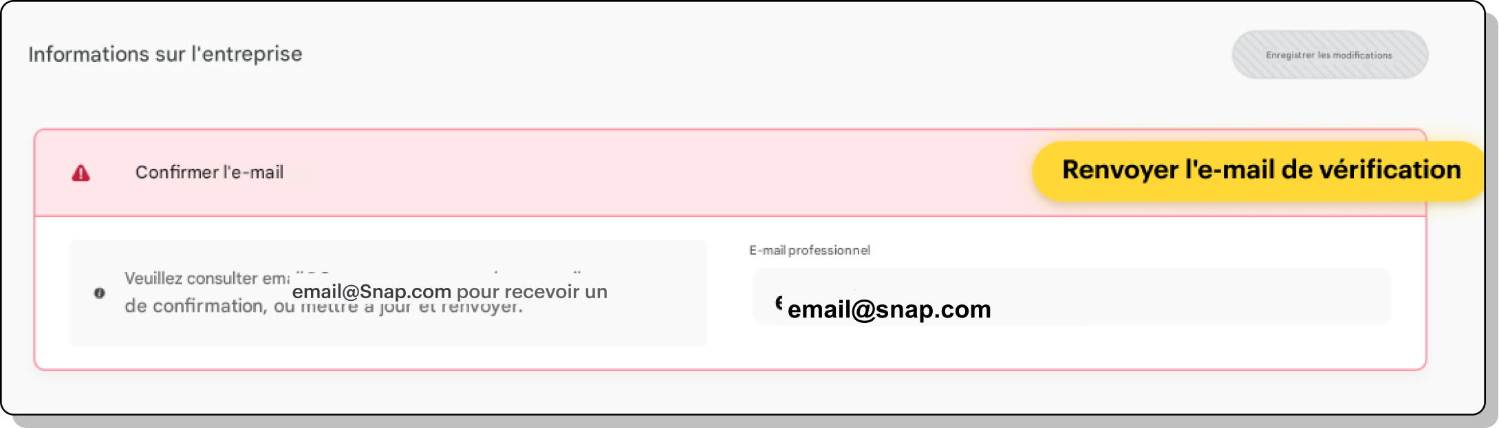 Screenshot of resending verification email under Business Details