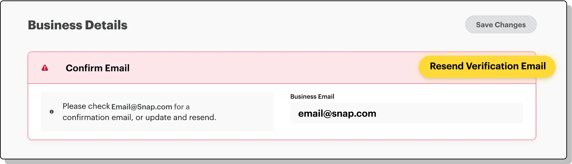 Screenshot of resending verification email under Business Details