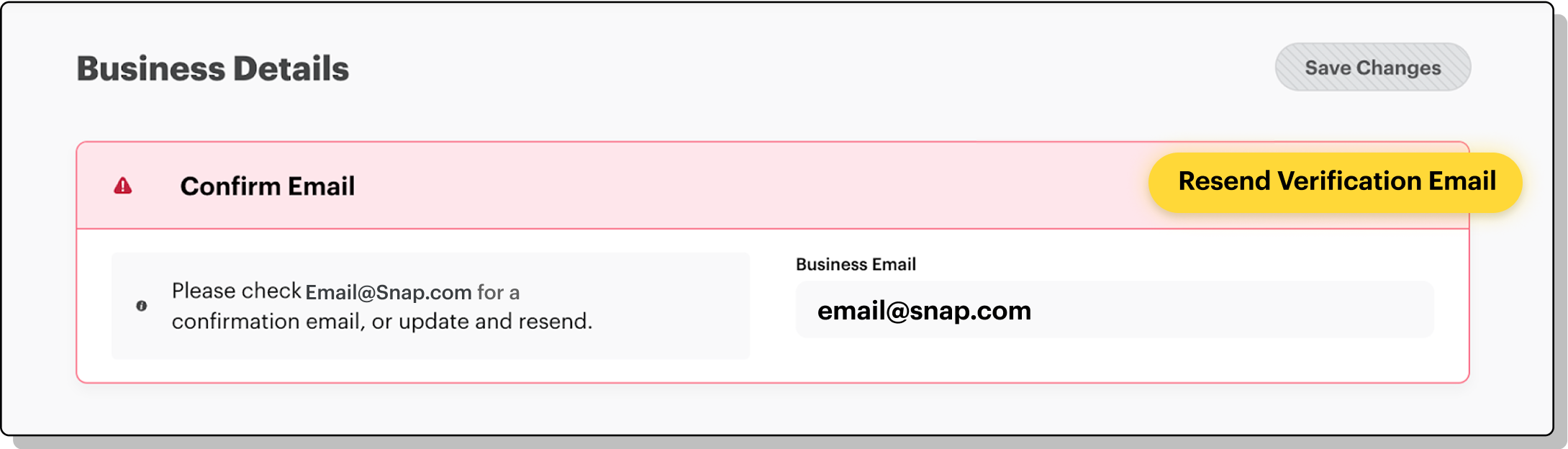 Screenshot of resending verification email under Business Details