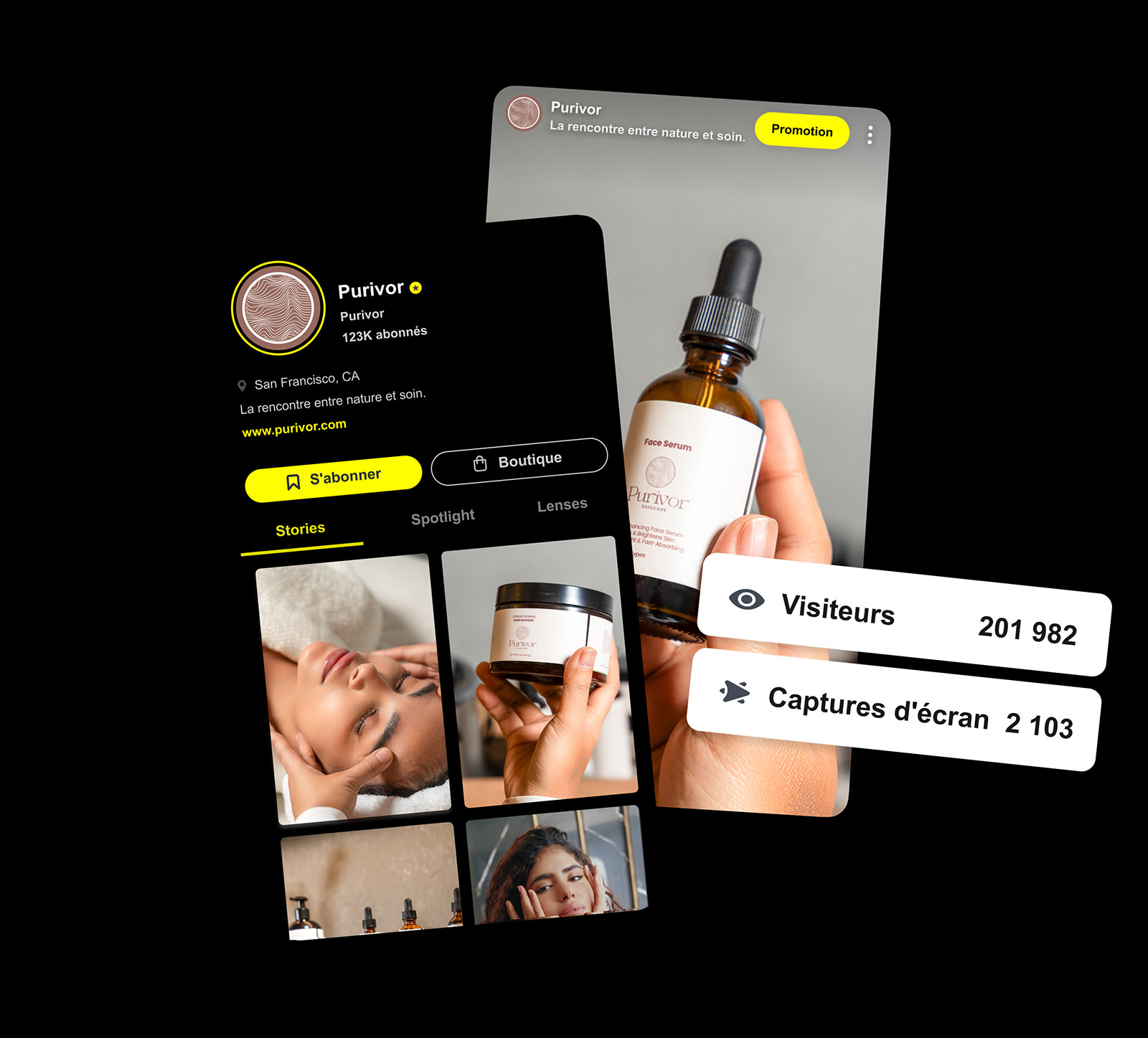 Profil public Snapchat d’une marque de soins de la peau à San Francisco présentant annonces et statistiques d’engagement.