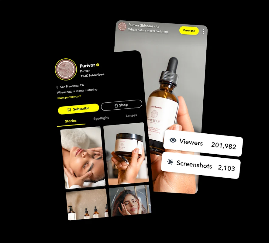San Francisco skincare brand’s Snapchat Public Profile showcasing ads and engagement stats.