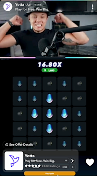 Snapchat ad shows an excited player winning 16.80x in a Yotta game with gems and bombs on a grid-style board.