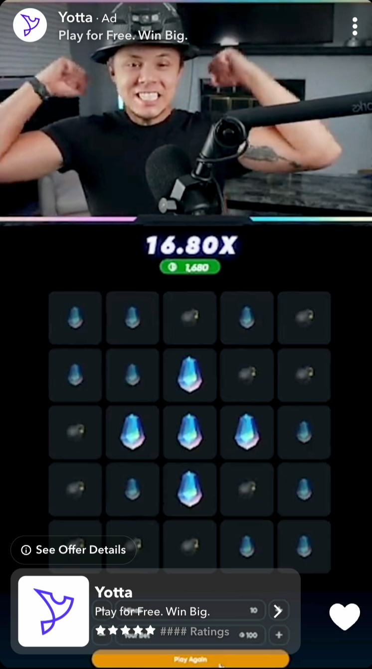 Snapchat ad shows an excited player winning 16.80x in a Yotta game with gems and bombs on a grid-style board.