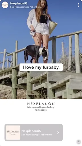 Snap Ad featuring a young woman walking her dog in a beachy area. Text reads, “I love my fur baby.”