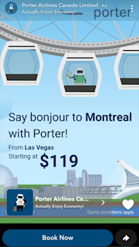 A Snapchat Dynamic Product Ad promoting Porter Airlines direct flights, with a button underneath that reads 'Book Now'