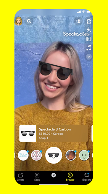 Woman using Spectacles' AR Shopping Lens on her mobile phone