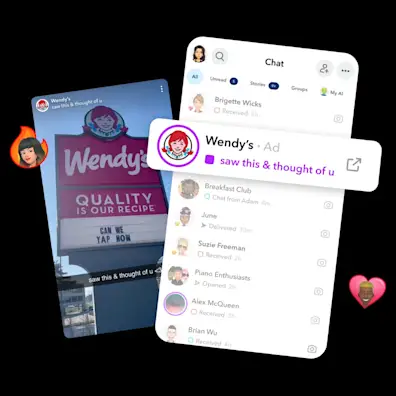 Wendy’s Sponsored Snap ad on Snapchat showing chat view and playful sign connecting with fans naturally.