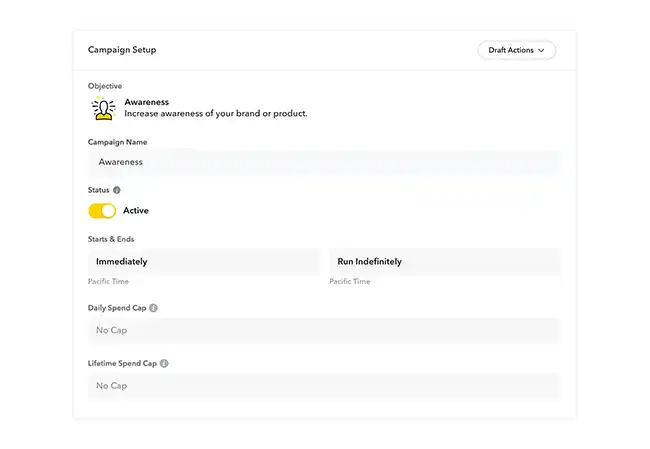 Snapchat for Business's Campaign Setup widget
