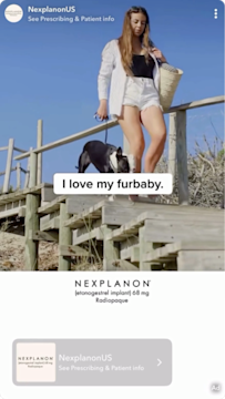 Snap Ad featuring a young woman walking her dog in a beachy area. Text reads, “I love my fur baby. But I’m not ready to be a mom.”