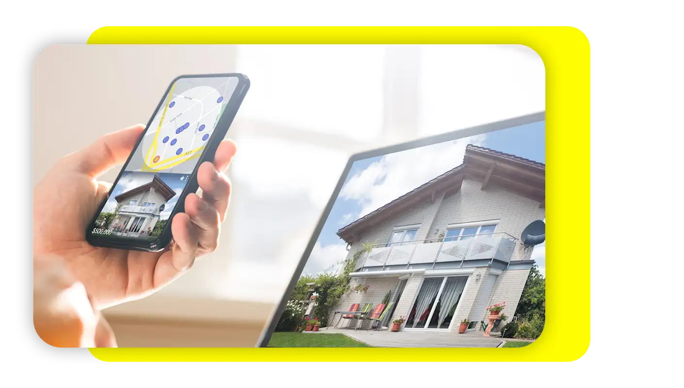 Person holding a cell phone looking at GPS coordinates of a home.