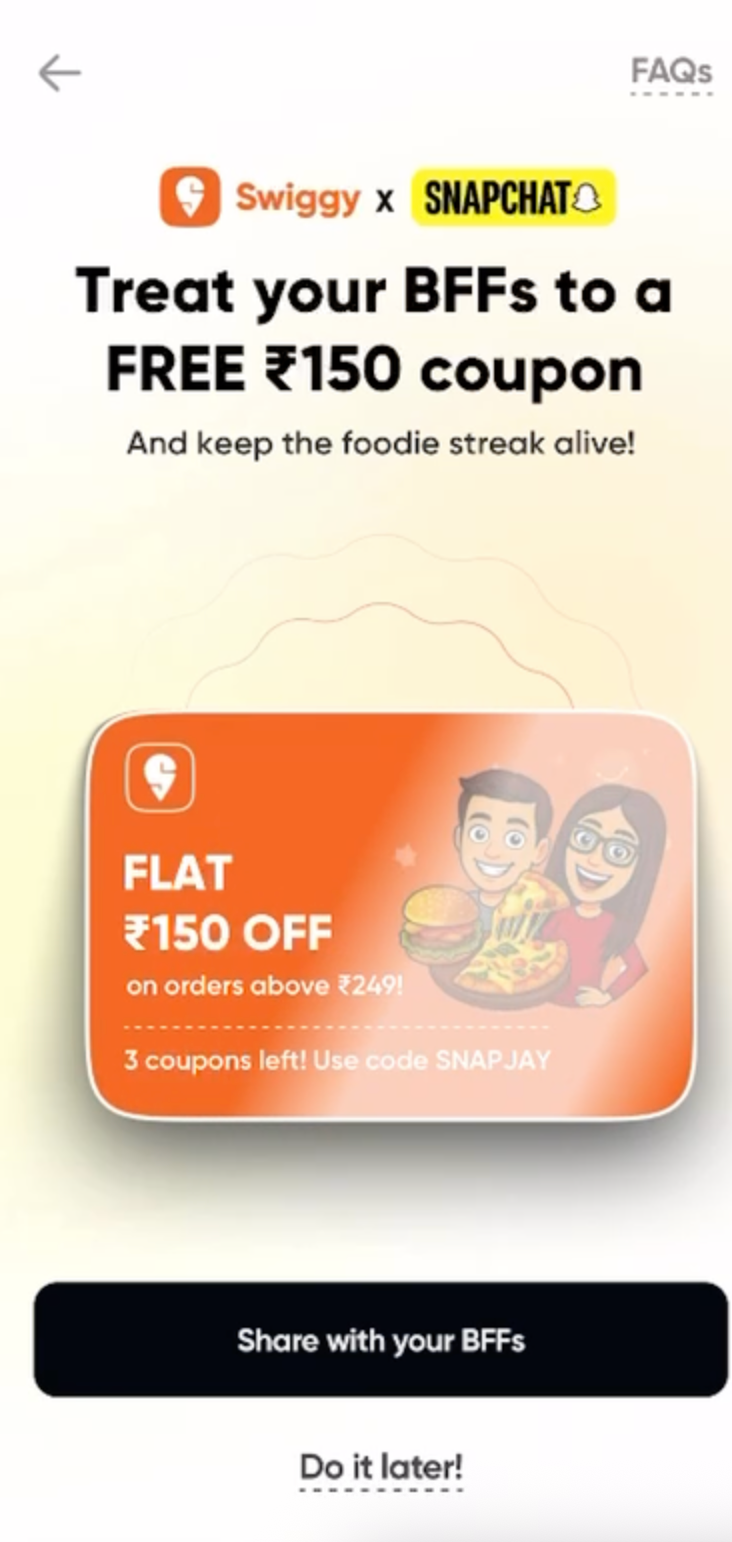 Swiggy and Snapchat Friendship Day promo offering ₹150 coupon in India’s first Total Takeover campaign.