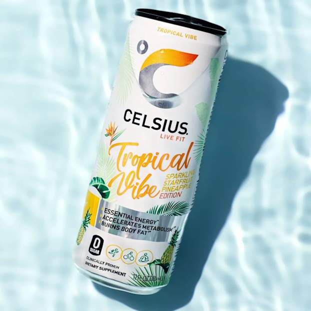Celsius Tropical Vibe can beside a pool featured on Snapchat Public Profile promoting active energy lifestyle.