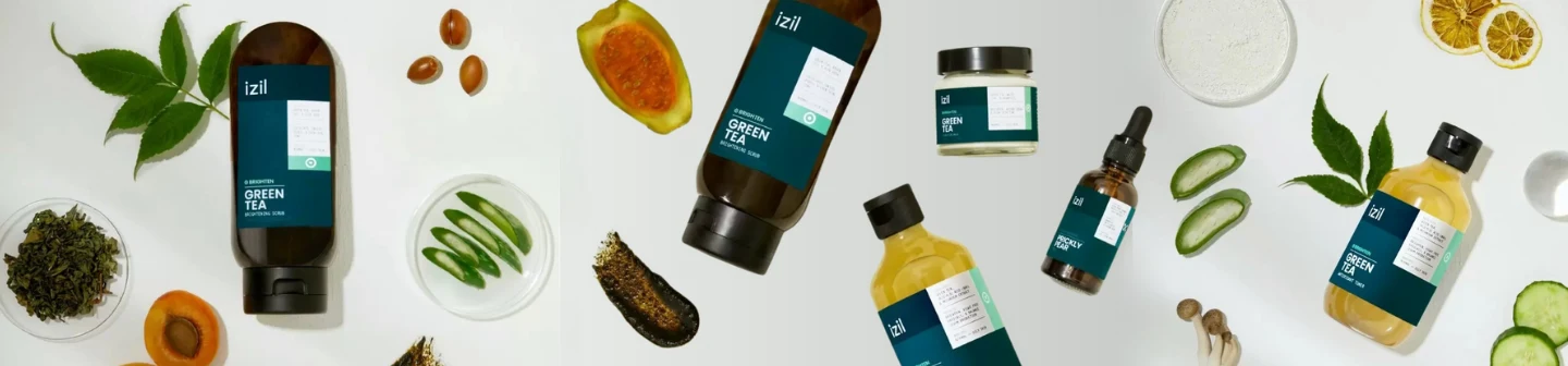 Produits de soin Izil Beauty au thé vert avec ingrédients naturels soutenant une campagne Snapchat de notoriété de marque.