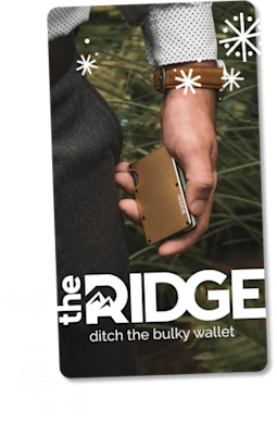 the Ridge marketing ad showing a man's hand carrying a credit card holder