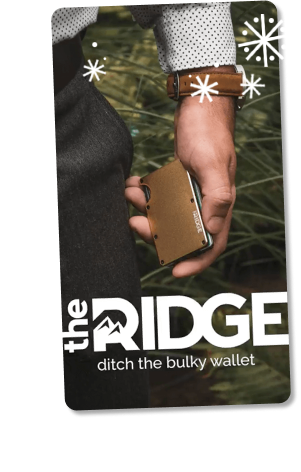 the Ridge marketing ad showing a man's hand carrying a credit card holder