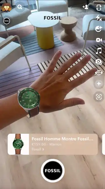 Fossil ad on Snapchat of AR watch try-on