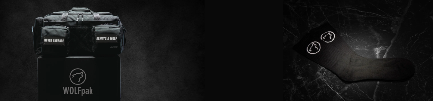 Black WOLFpak backpack with storage pockets and branded socks displayed on dark background for ecommerce advertising.