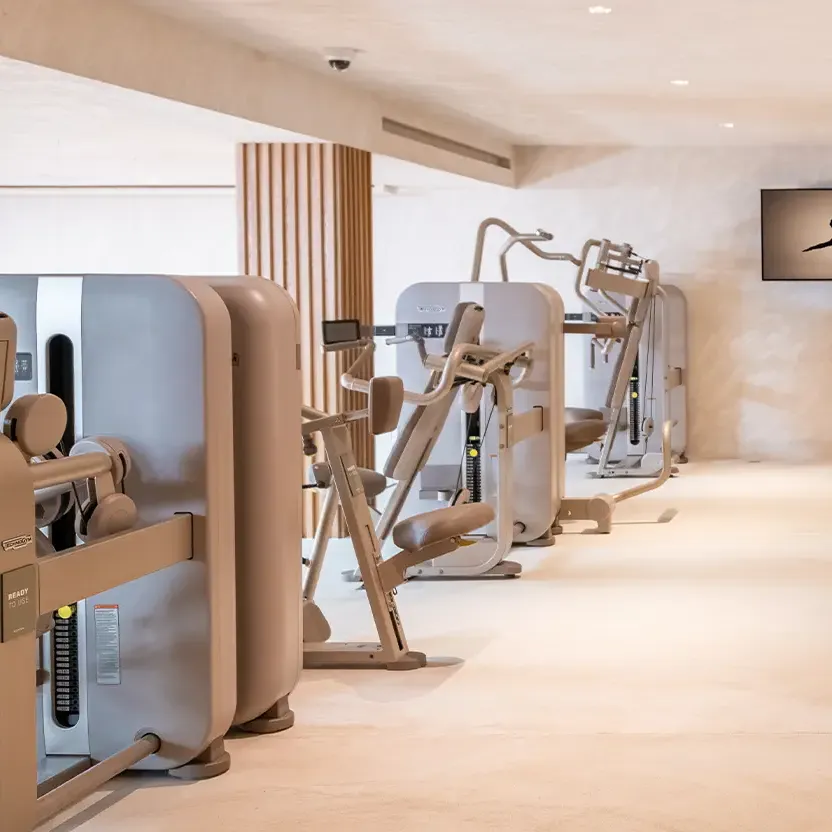 Interiors of a luxury fitness club with strength machine in warm tones