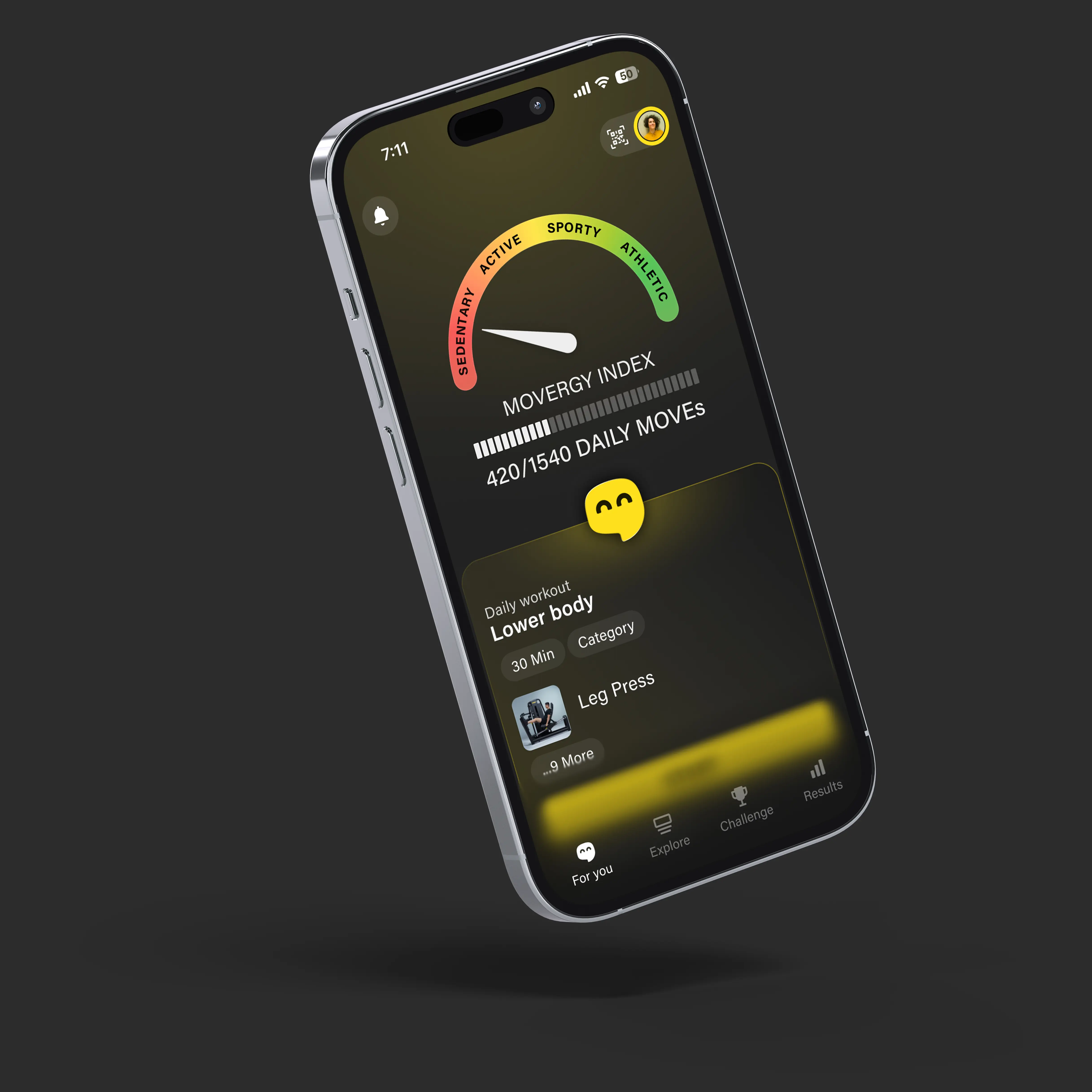 Smartphone displaying Technogym App fitness app with activity tracking, Move Index, daily workout progress and personalized training programs for comprehensive fitness monitoring.