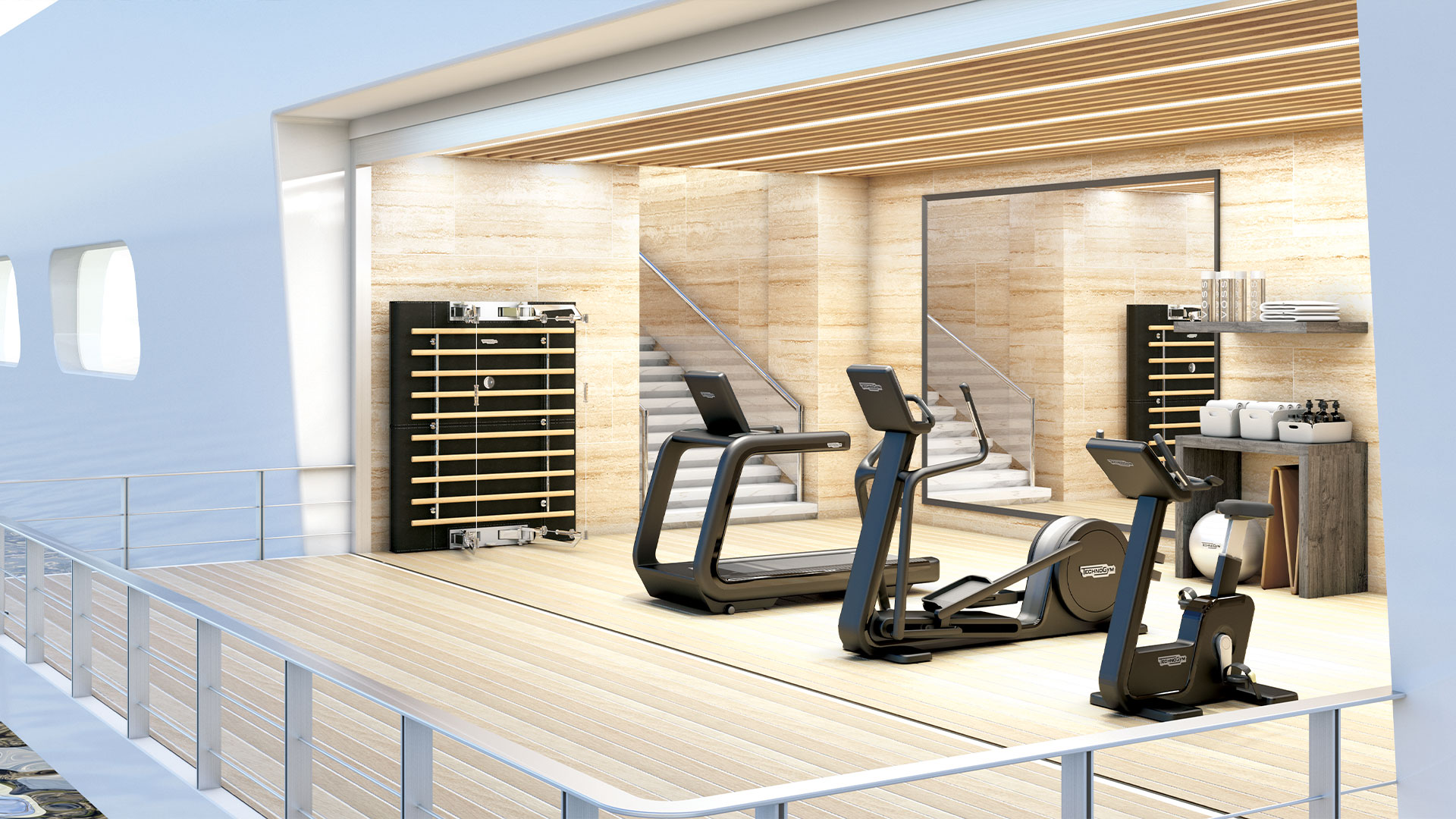 A prestigious product range – from treadmills to ellipticals – to promote wellbeing on board. Enhanced by the precious finishes, the smooth geometry of the lines designs refined spaces that both guests and ship owners can enjoy.