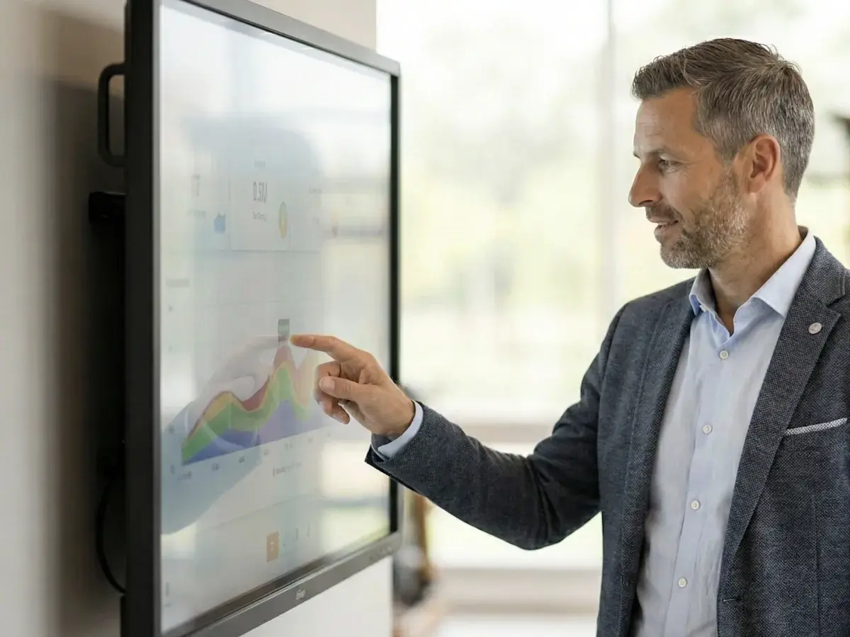 Professional analysing performance data on a large touchscreen display, representing Technogym University’s Master’s in Healthness Management program.