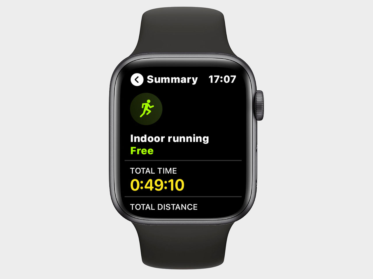 Apple Watch showing running metrics for a Technogym MyRun treadmill workout
