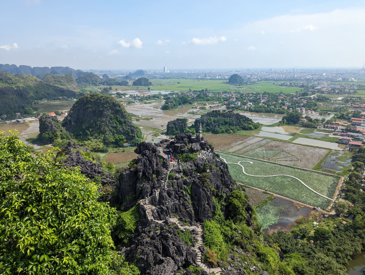 Lotusová políčka a v pozadí městečko Ninh Binh