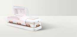 Open white casket with rose gold handles and rose embroidery inside