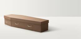 Plain brown cardboard coffin with cord handles