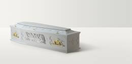 Full length image of the last supper coffin in white with brass handles
