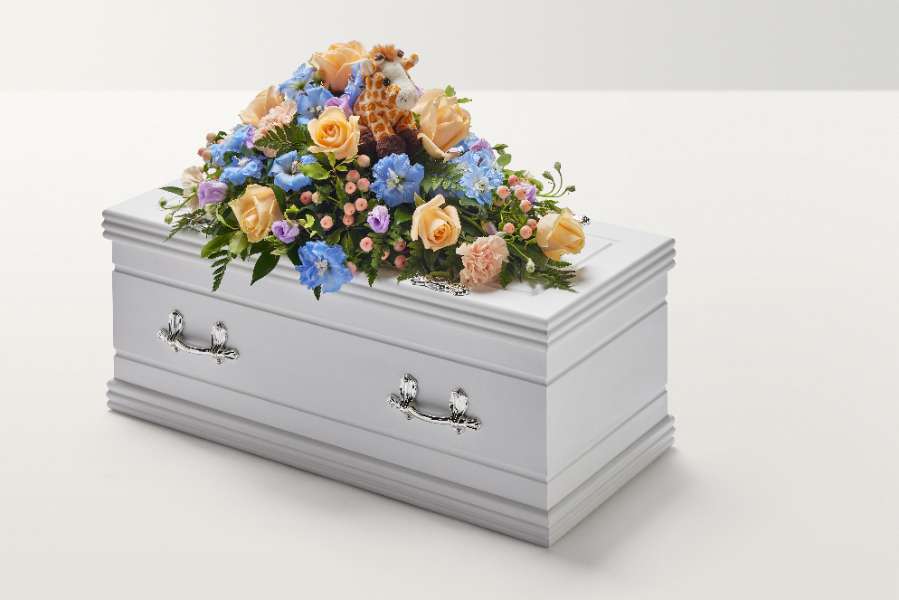 Giraffe with peach coffin spray