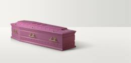 Full length image of a pink coffin with a pattern on the lid and brass coloured handles