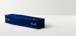 Hand-painted coffin in deep navy blue with silver metal handles