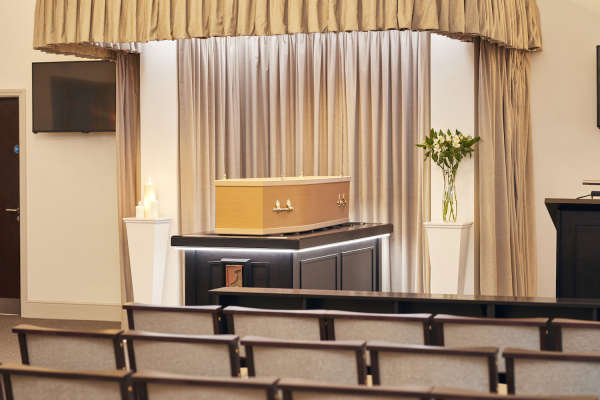 A coffin at a direct cremation funeral