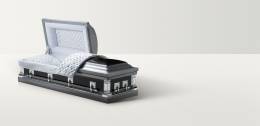 Open twilight silver casket with padded white interior