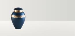 Dark blue urn with a gold band on the shoulders and lid