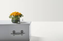 Modern Rose Posy Hatbox on a coffin