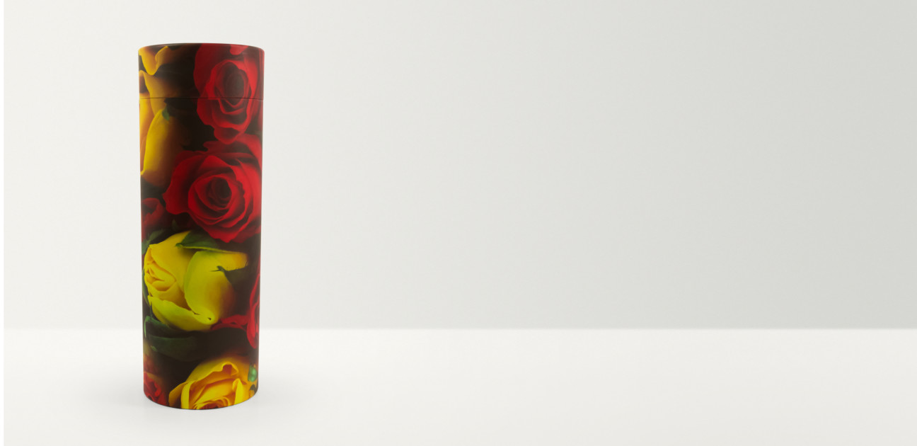 Tube with red and yellow roses
