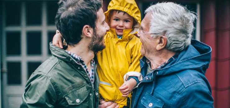 Dad, son and grandchild out in their rain coats.
