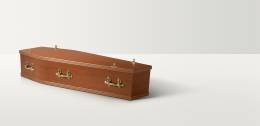 Full length image of a cherry wood coffin with brass handles and closures