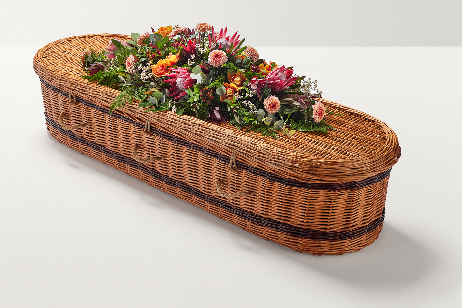 A zoomed out shot of a peach floral display