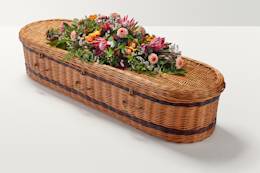 A zoomed out shot of a peach floral display