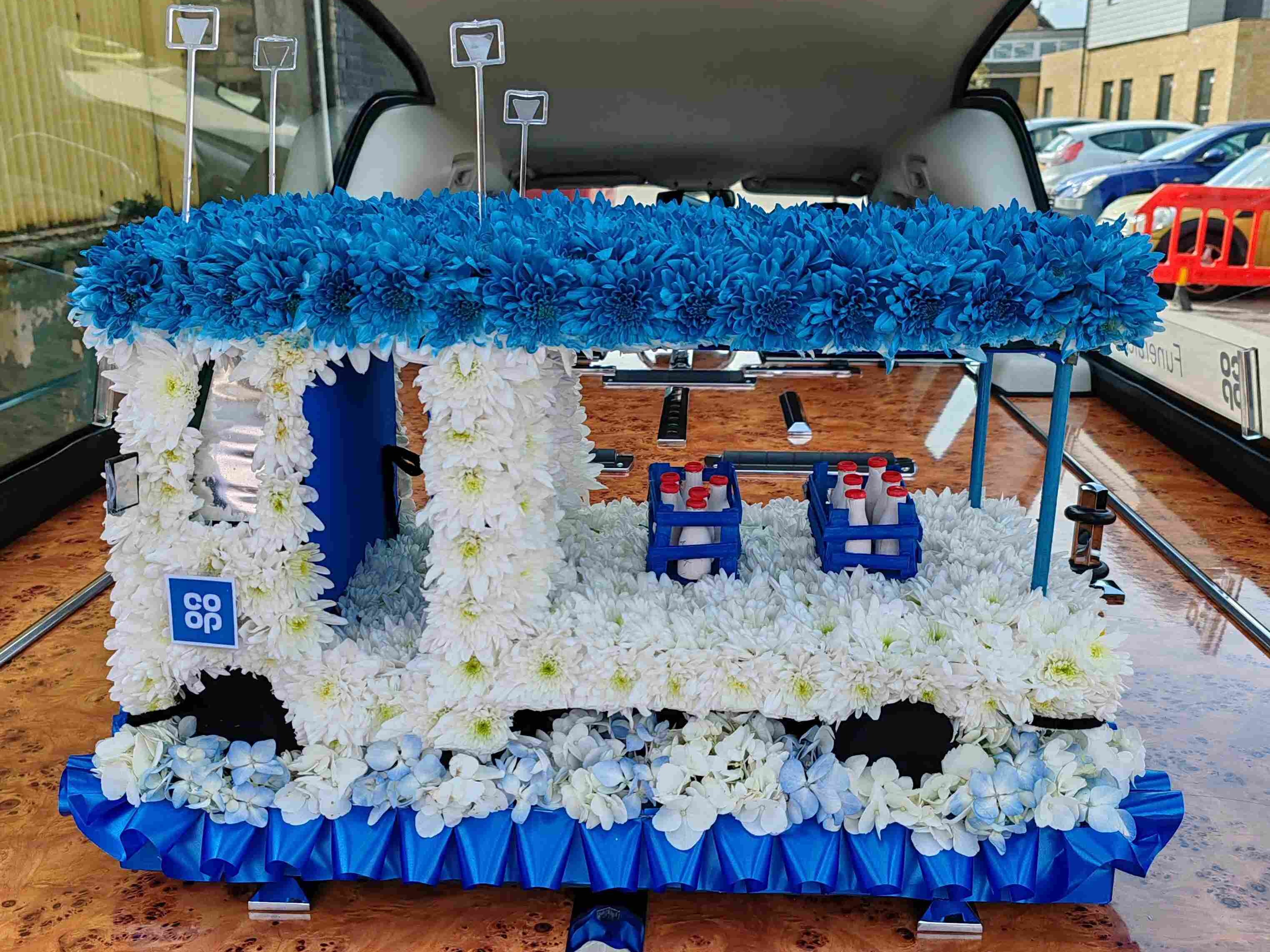 Co-op milk float-shaped floral arrangement