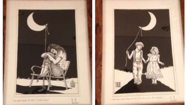 A pair of images by Steve Shaw, both with people holding a balloon moon. 