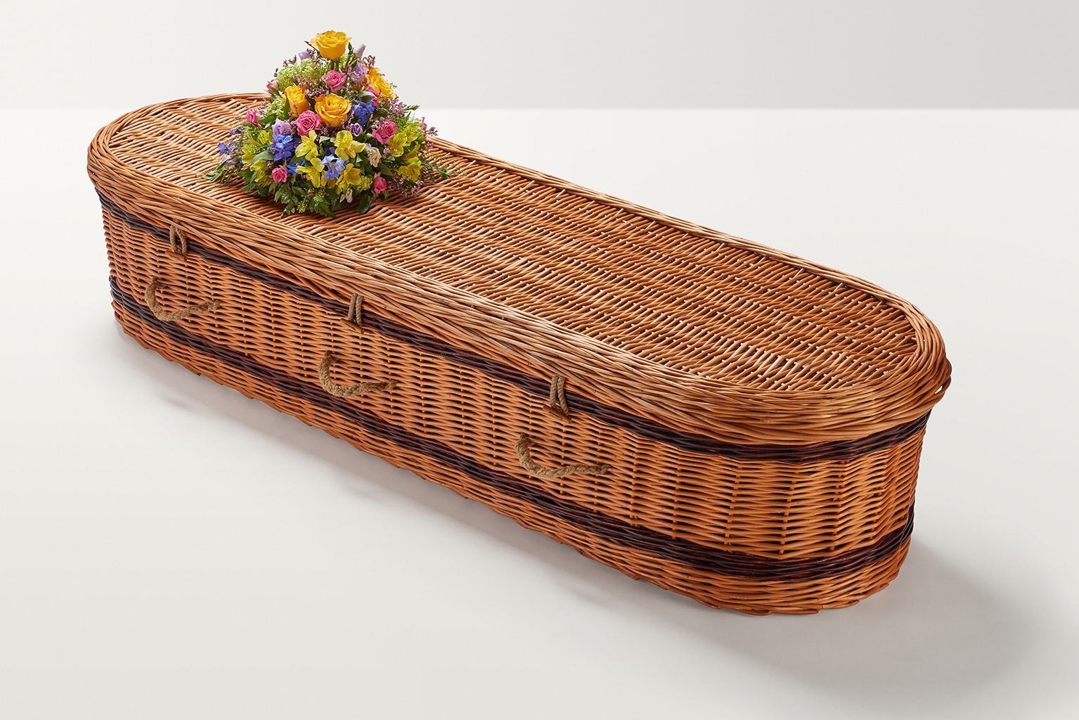 Zoomed out shot of brightly coloured rounded floral display