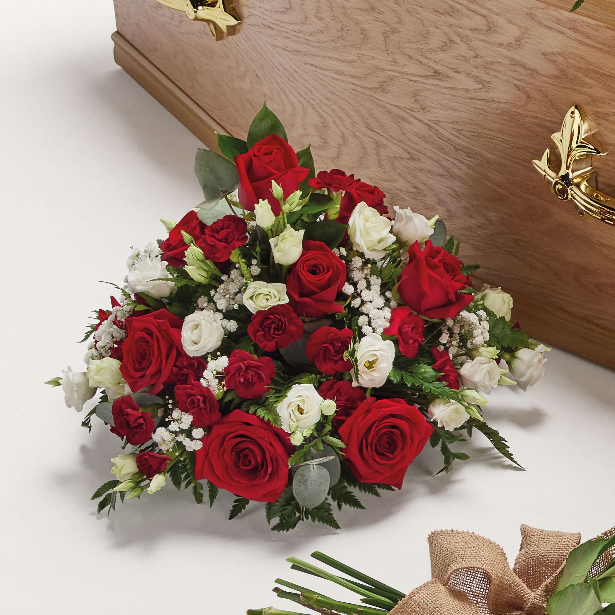 Zoomed in shot of red and white flowers 