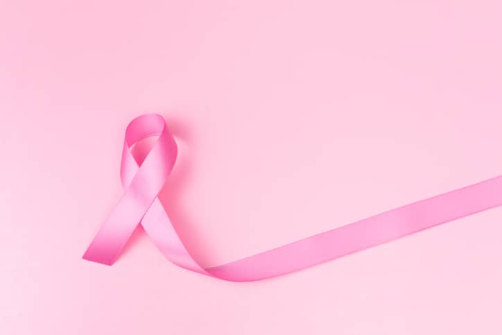 粉红色的乳腺癌丝带在粉红色背景上